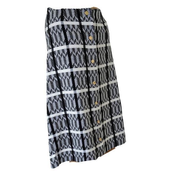 1960s Black White Chevron Plaid A Line Handmade Button Up Midi Skirt Size XS - Picture 4 of 11
